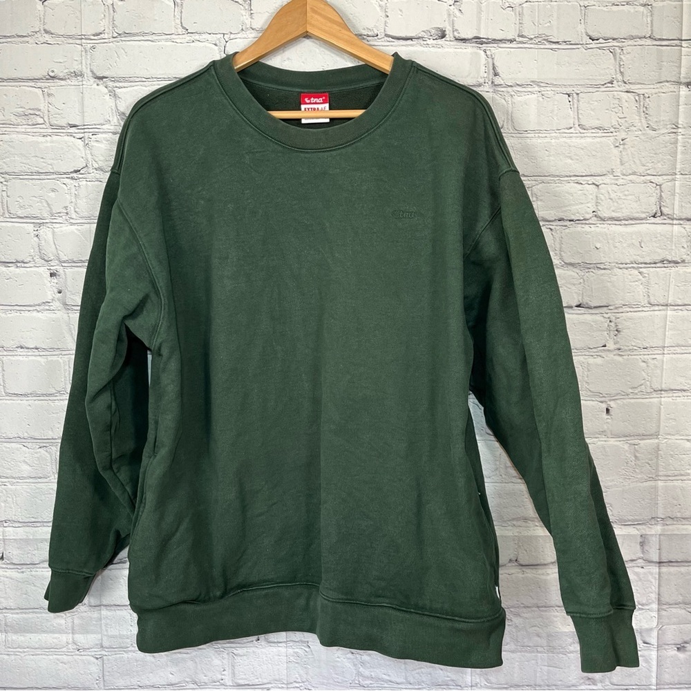 Vintage TNA Extra AF Fleece Pullover Sweatshirt Womens Size 2 XL Green Pockets
